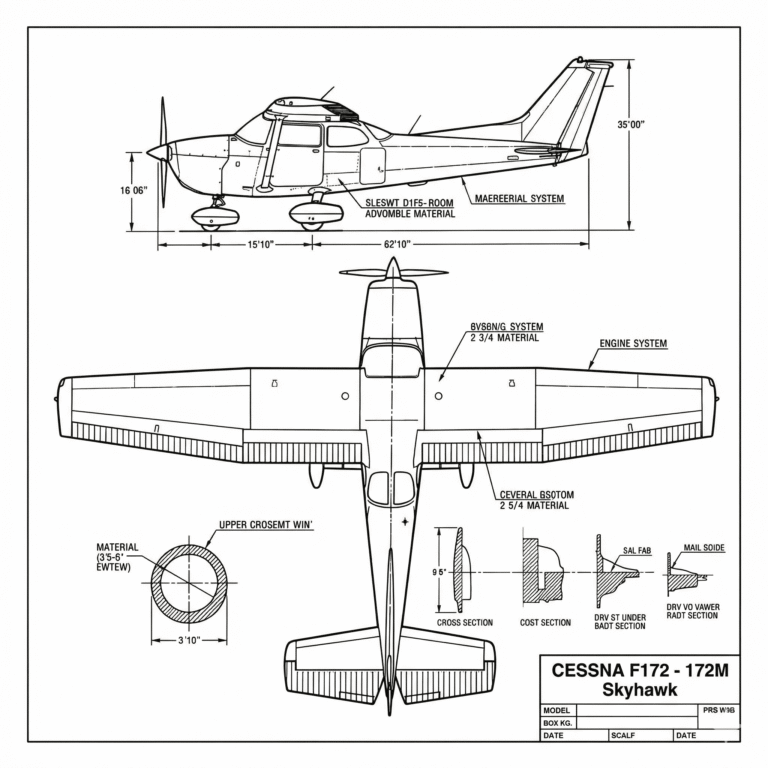 Třípohledový technický nákres letadla Cessna F172 - 172M Skyhawk s vyznačenými rozměry a detaily podvozku.