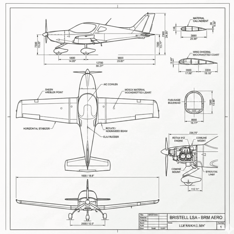 Podrobné schématické zobrazení letounu Bristell LSA (BRM Aero) s detaily motoru Rotax 912 a průřezy křídel.